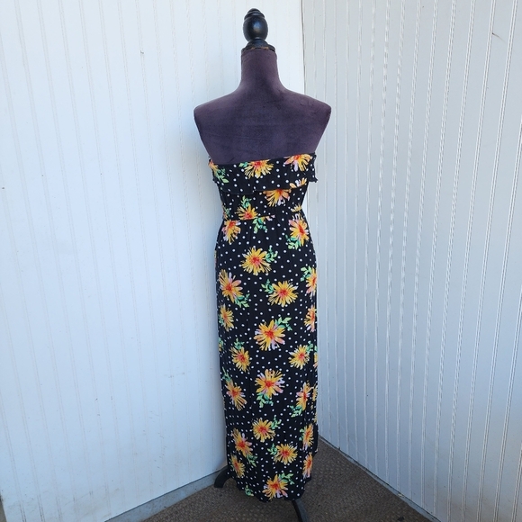 Bongo Maxi Dress Womens Black Yellow Sunflower Strapless Chic Floral Ruffle Sz S - Picture 5 of 13
